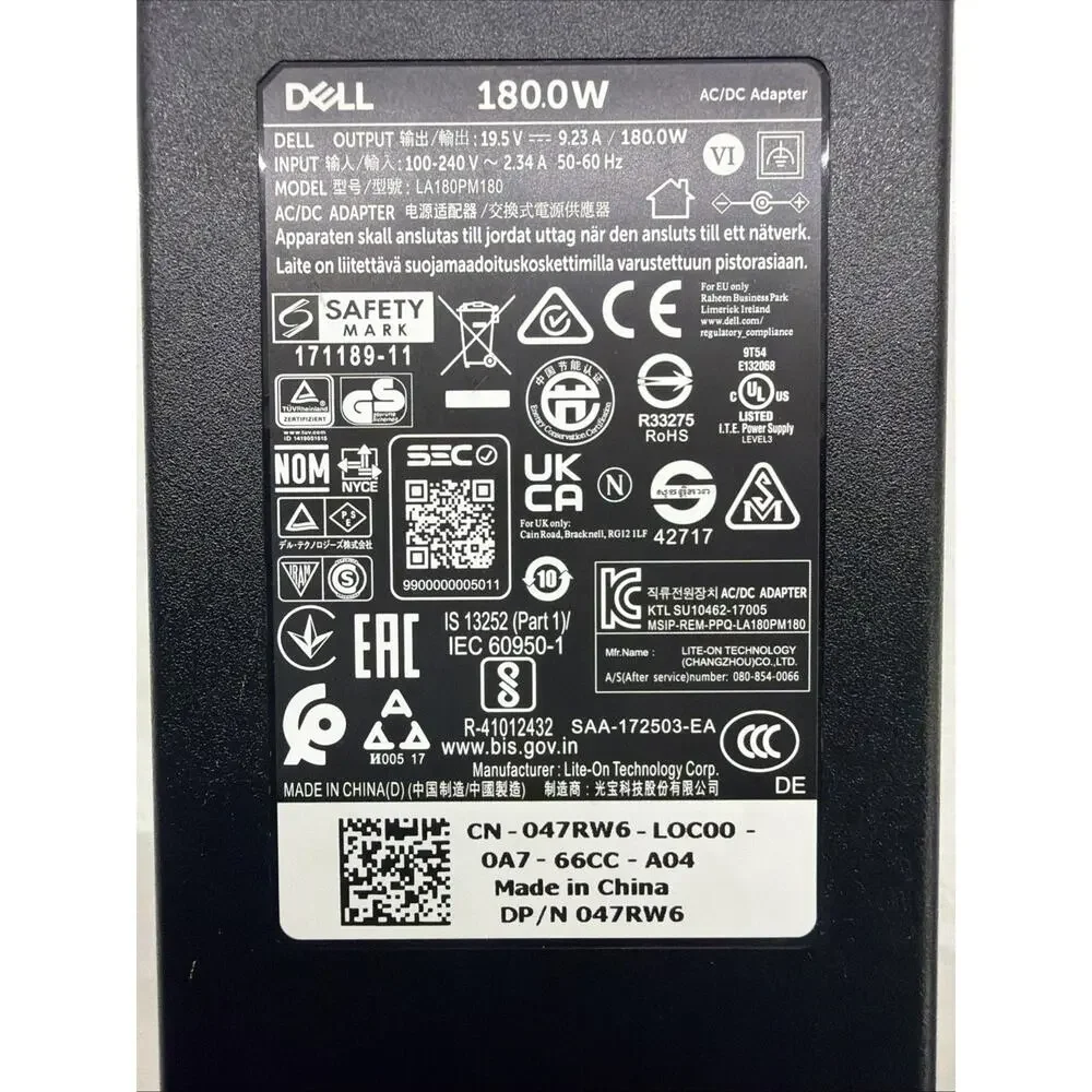 Genuine Dell Genuine 180W 19.5V AC Power Charger Adapter 47RW6 047RW6 LA180PM180